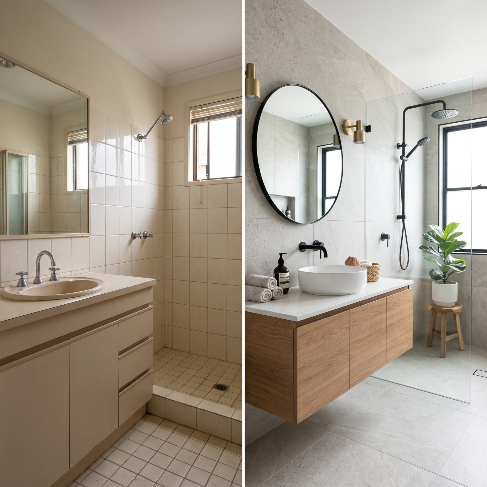 Before and after of a Brisbane bathroom renovation by YBMT